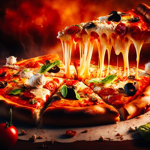 An appetizing pizza with melted mozzarella cheese and juicy toppings
